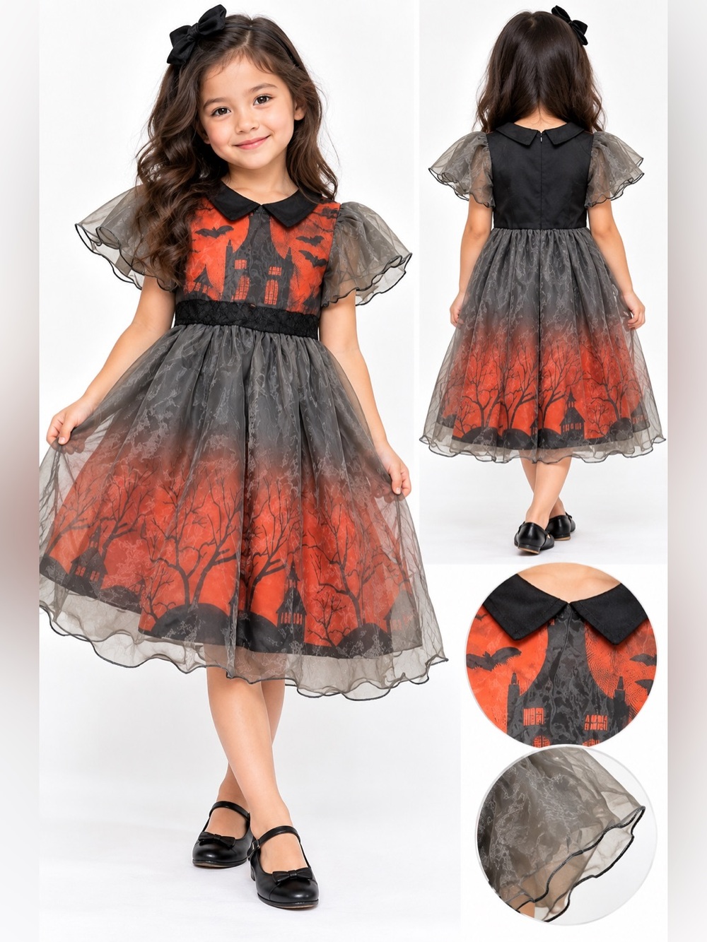 Girls' Black & Orange Halloween Party Dress with Haunted House Print